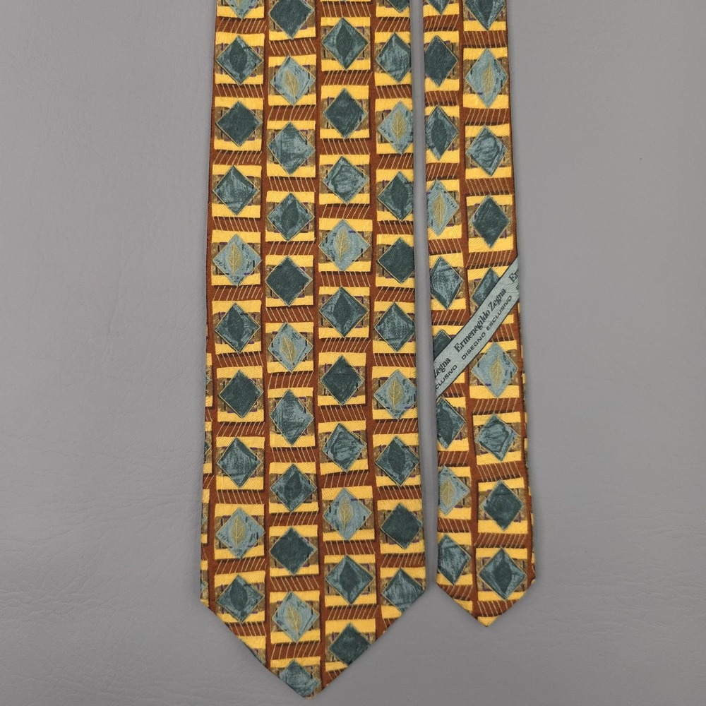 Ermenegildo Zegna Tie Mens One Size Yellow Brown Silk Geometric Jacquard Italy